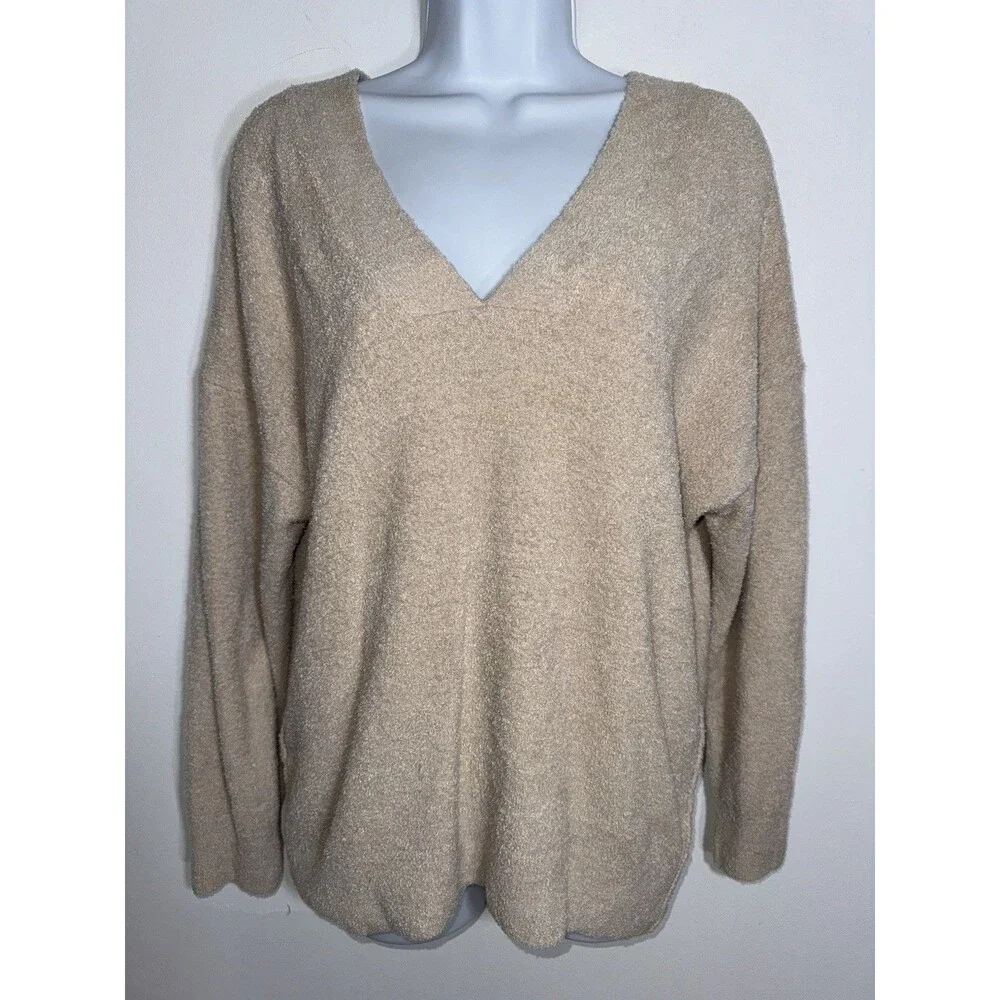 Barefoot Dreams CozyChic Lite V-Neck Seamed Pullover Beige Women Small